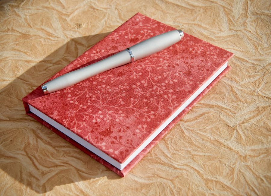 A6 Lined Notebook with full cloth red flower cover