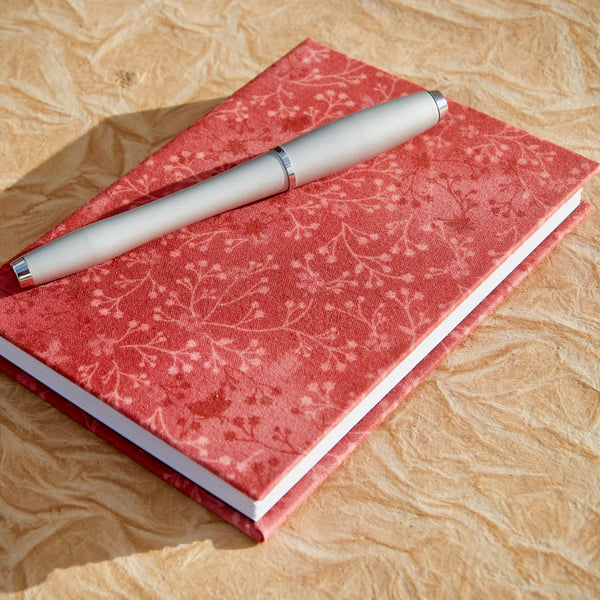 A6 Lined Notebook with full cloth red flower cover