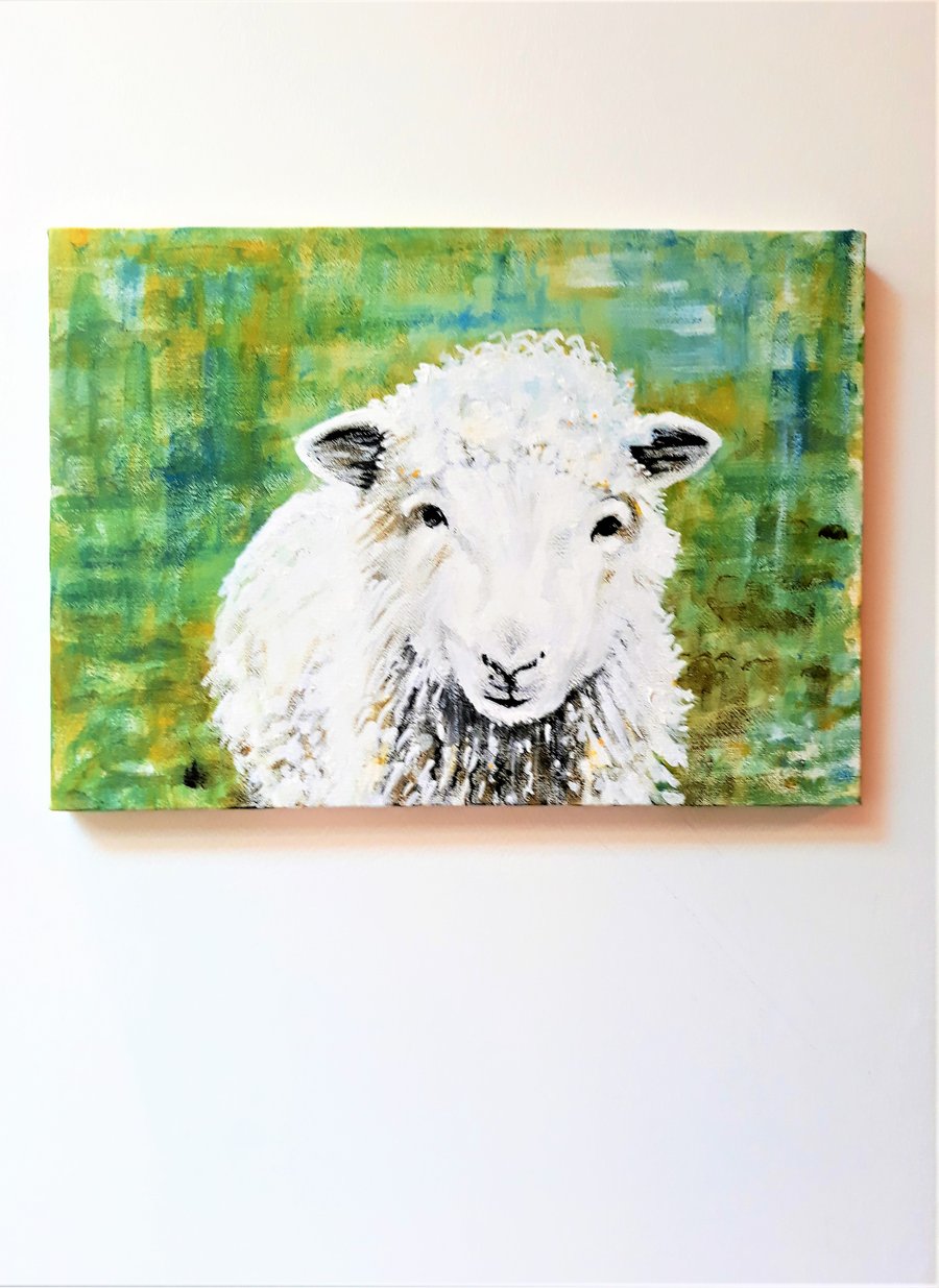 Original Sheep Painting in Acrylics on Canvas, A4 size, Unframed