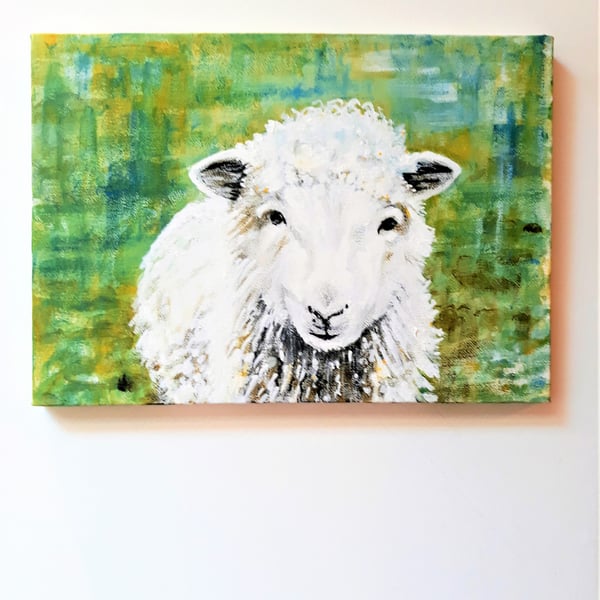 Original Sheep Painting in Acrylics on Canvas, A4 size, Unframed