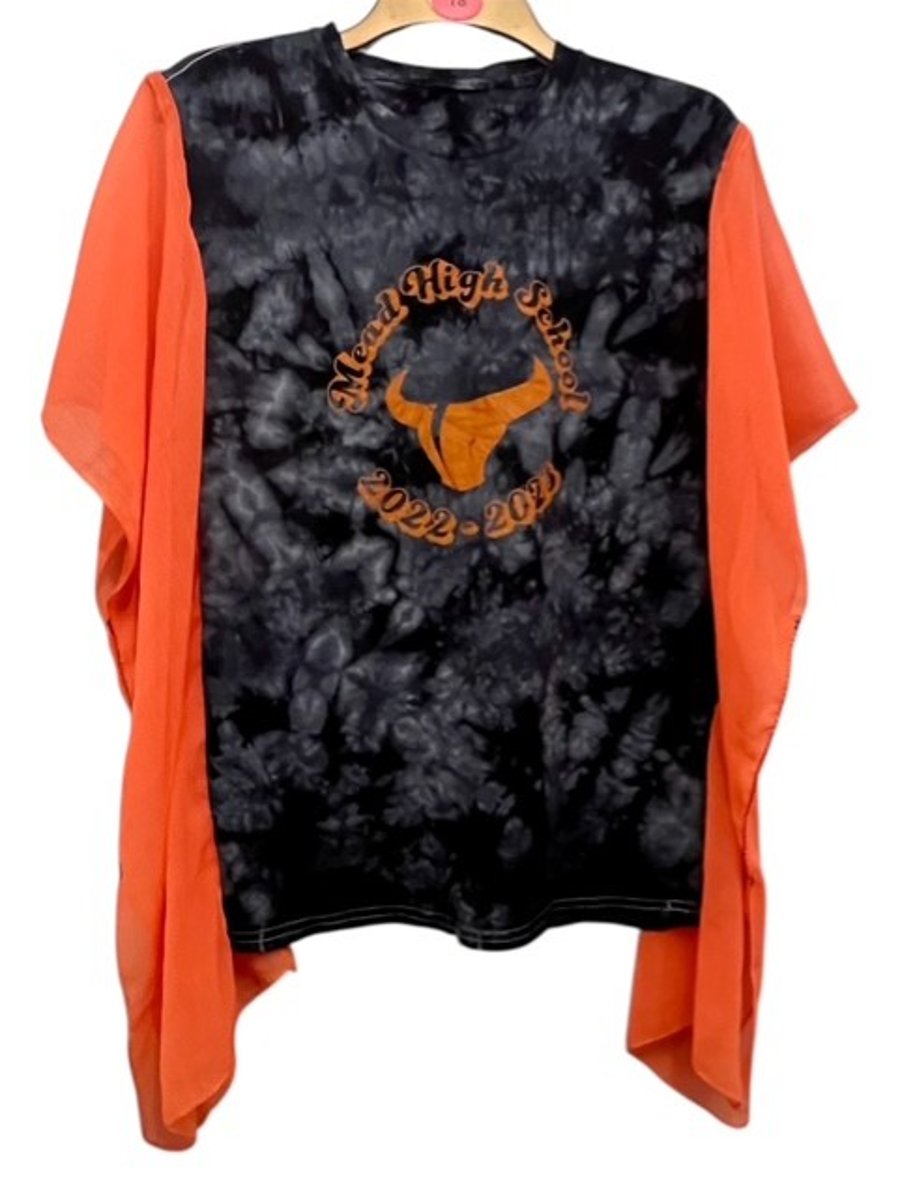 Upcycled Reverse Tie-Dye Boho Top with Cowboy Graphic and Scarf Sleeve