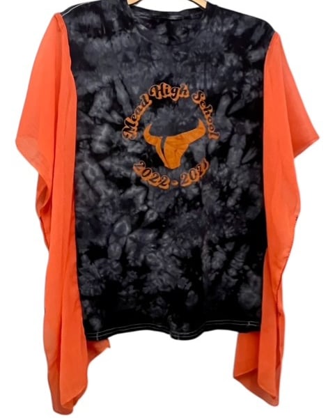 Upcycled Reverse Tie-Dye Boho Top with Cowboy Graphic and Scarf Sleeve