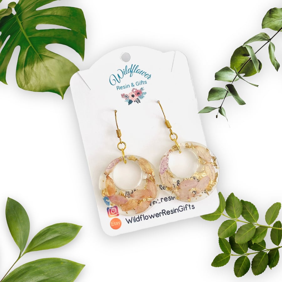 Chunky circle earrings with pressed petals, pressed flower jewellery, kawaii