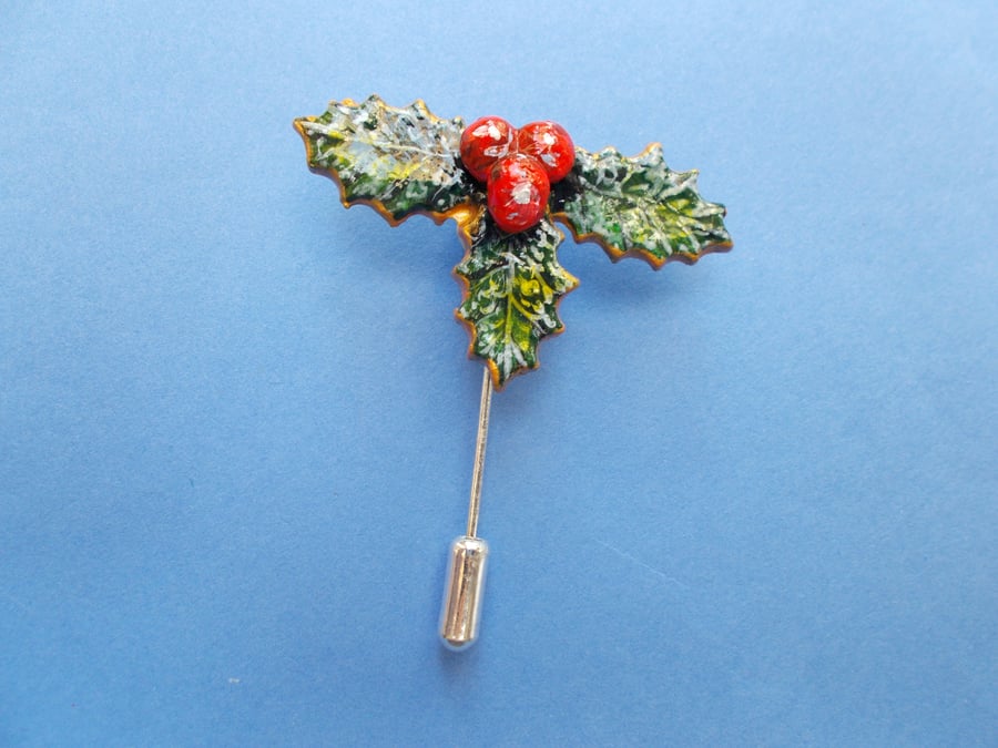 HANDMADE & PAINTED Small,Christmas,HOLLY & RED BERRIES PIN,Brooch,Corsage,Lapel