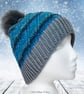 Crochet hat, beanie. Blue and grey ombre ladies swirl pom pom hat. Ladies hat. - Image 5