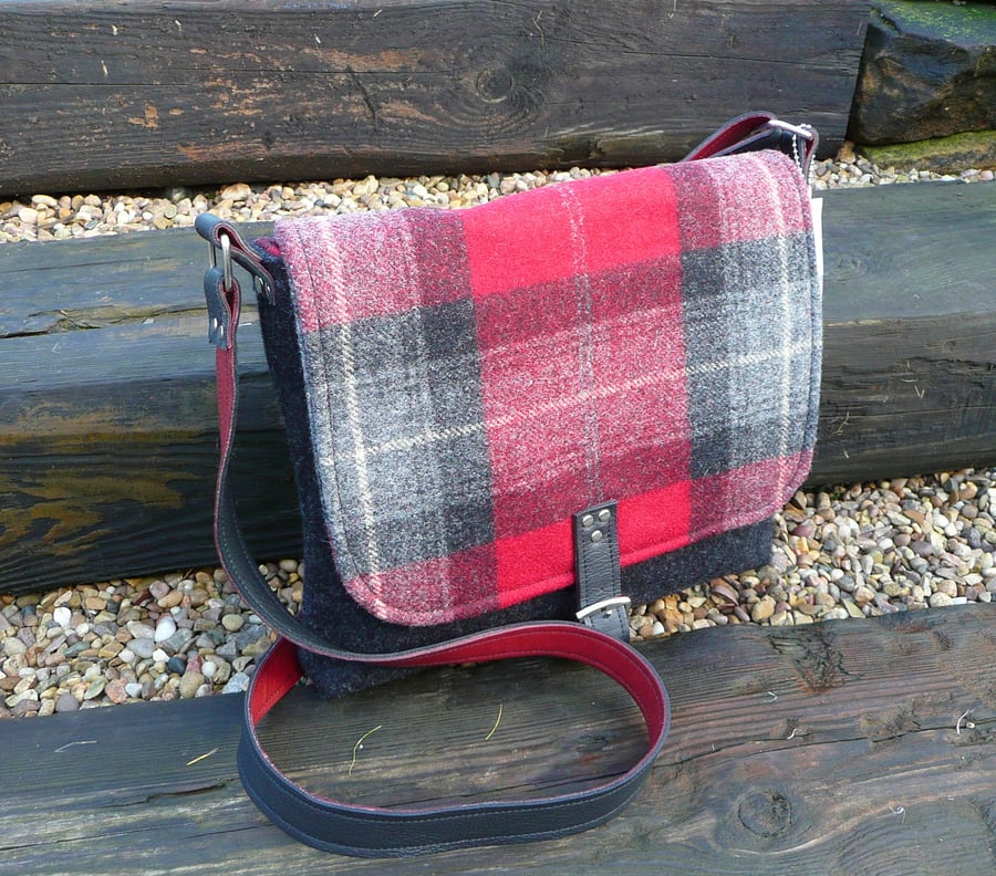 Red check crossbody bag, black grey and red check tweed shoulder bag, handbag