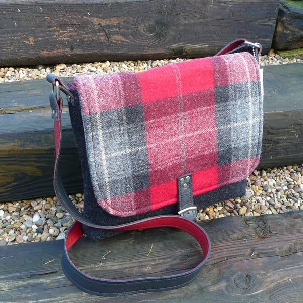 Red check crossbody bag, black grey and red check tweed shoulder bag, handbag