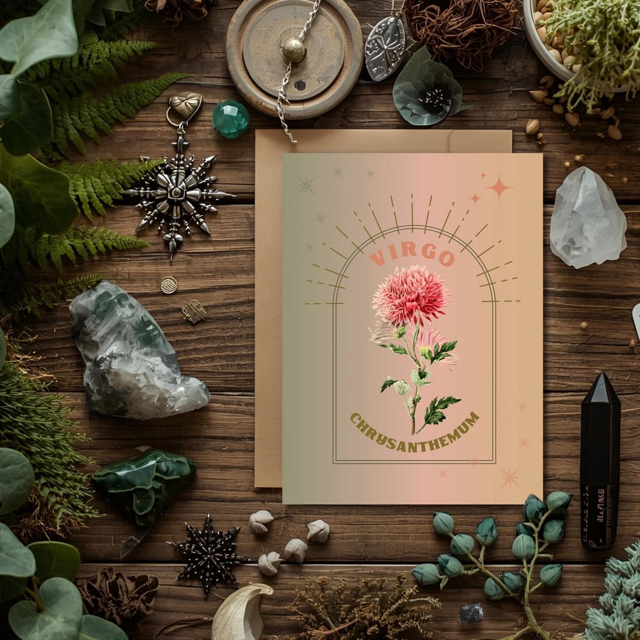 Virgo Zodiac Flower Card. Chrysanthemum. Birthday Card for Aug 23 – Sep 22