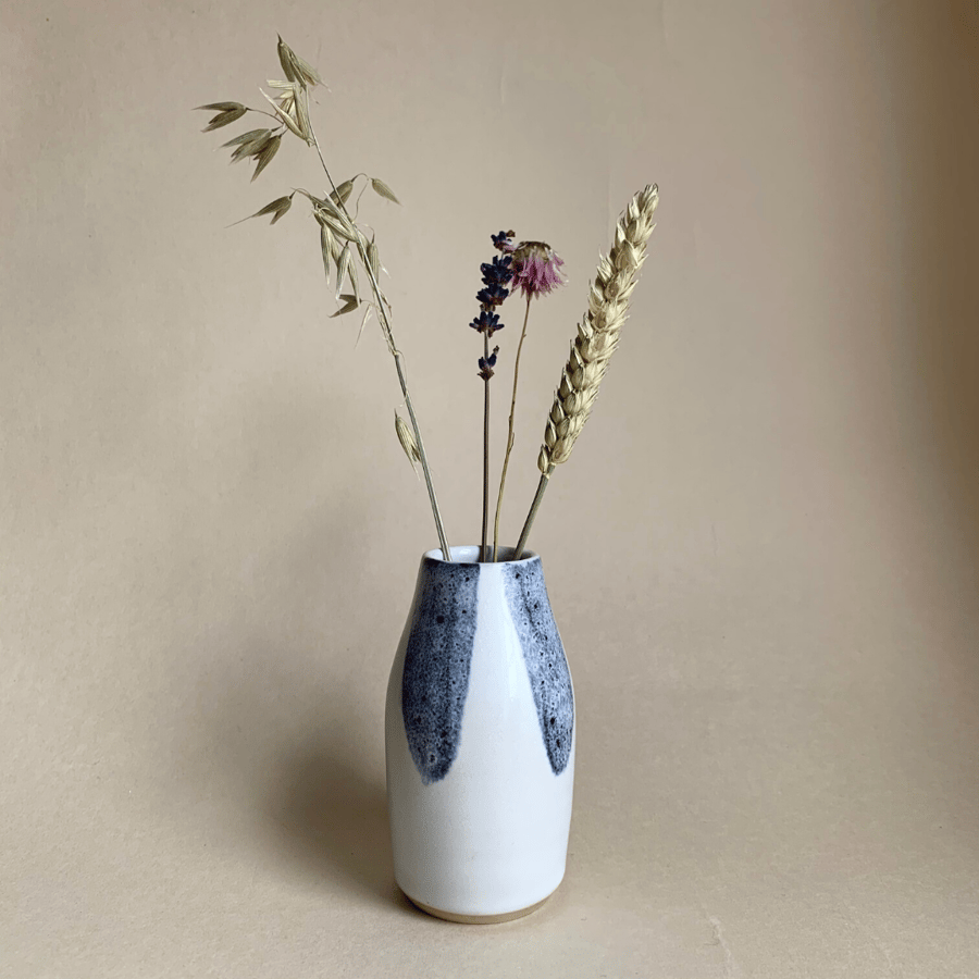 Small Bud Vase, White with Blue Brushstroke Decoration 