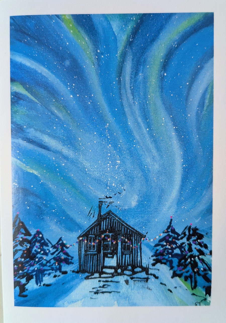 Christmas hut Northern lights card