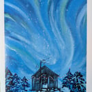 Christmas hut Northern lights card