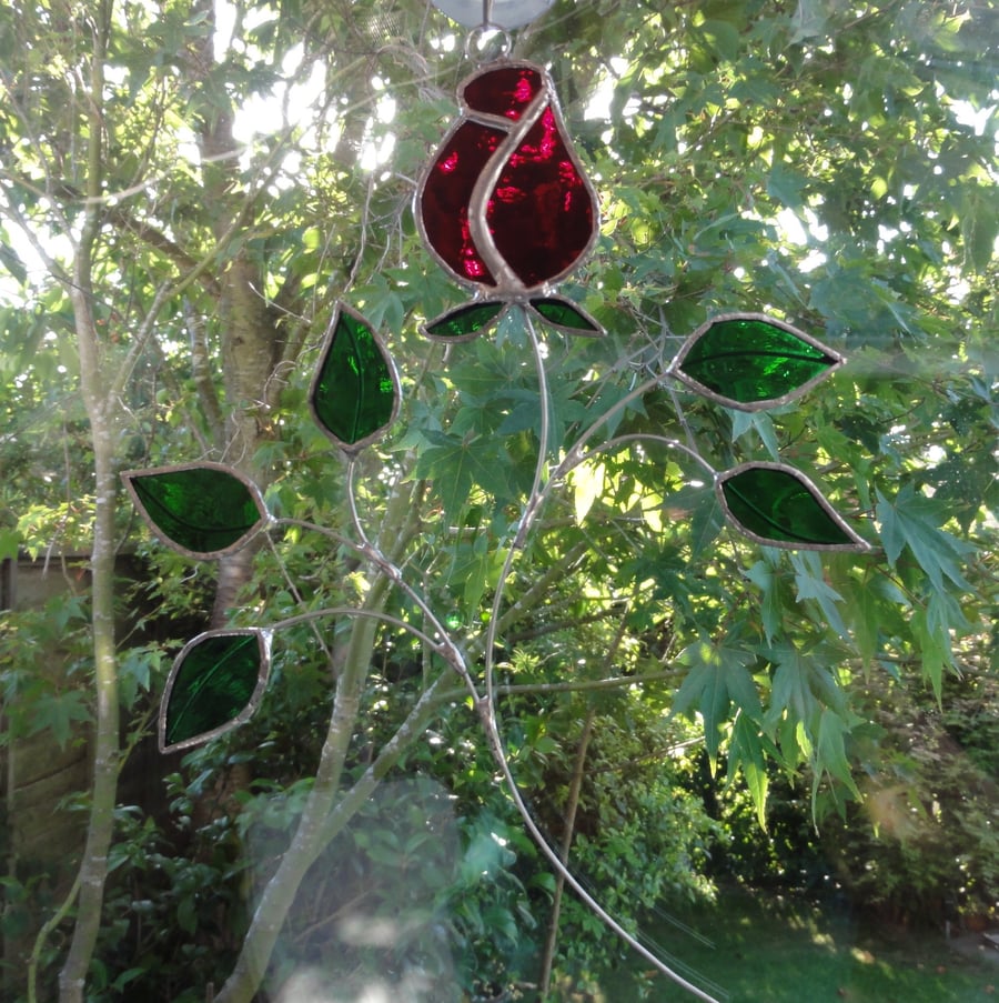 Stained Glass Rose Suncatcher - Red