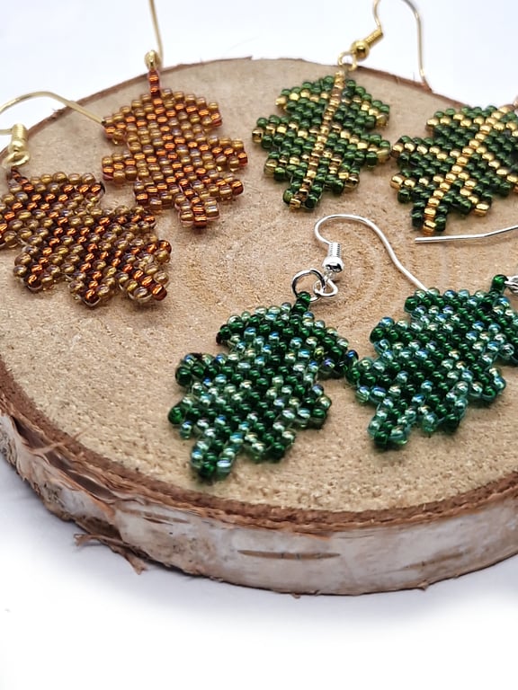 Mighty oak leaf beaded dangle earrings pair