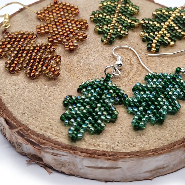 Mighty oak leaf beaded dangle earrings pair