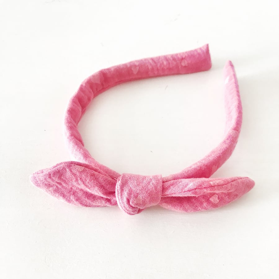 Alice Band in Pink Heart Fabric and Bow Embellishment