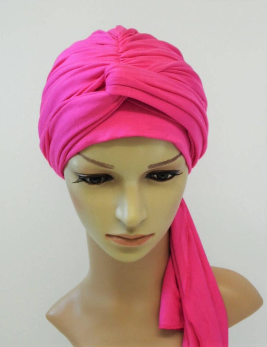 Hot pink viscose jersey turban with long ties, hair loss, alopecia