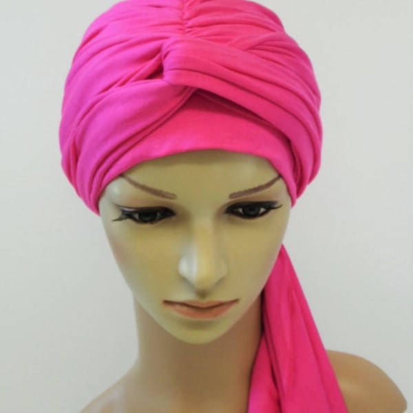 Hot pink viscose jersey turban with long ties, hair loss, alopecia
