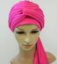Hot pink viscose jersey turban with long ties, hair loss, alopecia