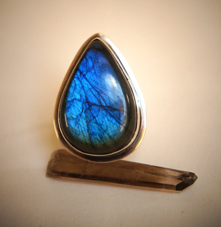 Teardrop Cabochon Labradorite and Sterling Silver Ring