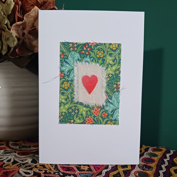 William Morris Golden Lily Fabric Hand Stitched Card with Hand Painted Heart