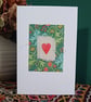 William Morris Golden Lily Fabric Hand Stitched Card with Hand Painted Heart