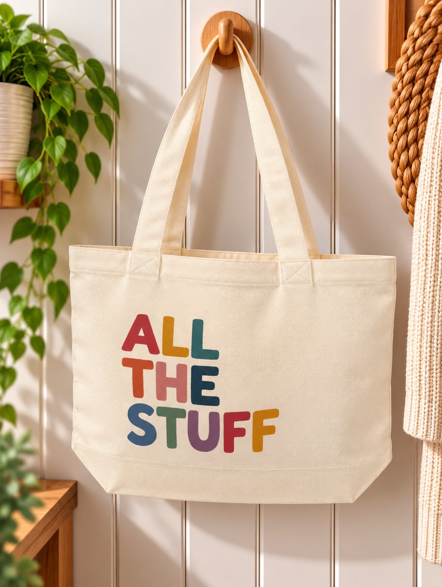 All The Stuff Tote Bag – Colourful Retro Canvas Shopping Bag with Zip – Everyday