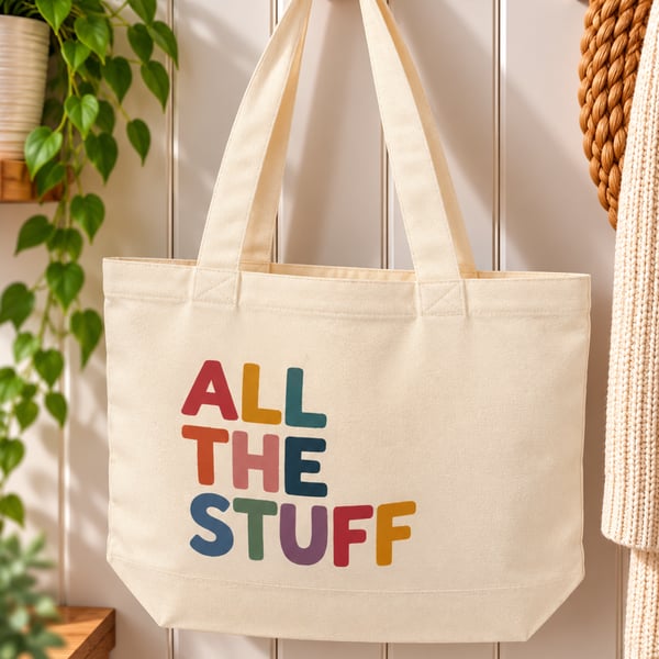 All The Stuff Tote Bag – Colourful Retro Canvas Shopping Bag with Zip – Everyday