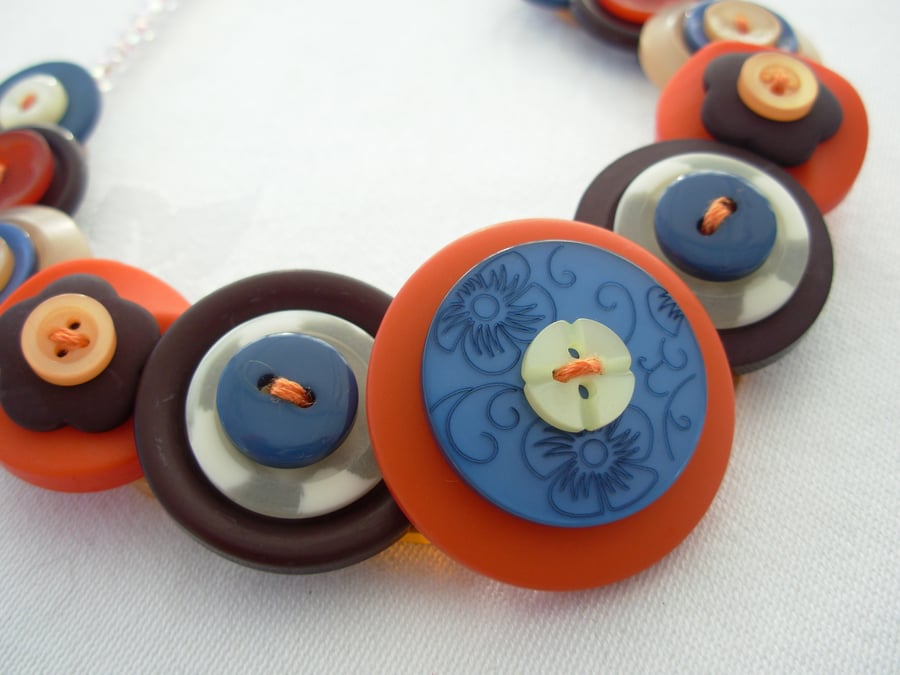 Button Necklace Shades of Africa Brown Cream Orange and Blue