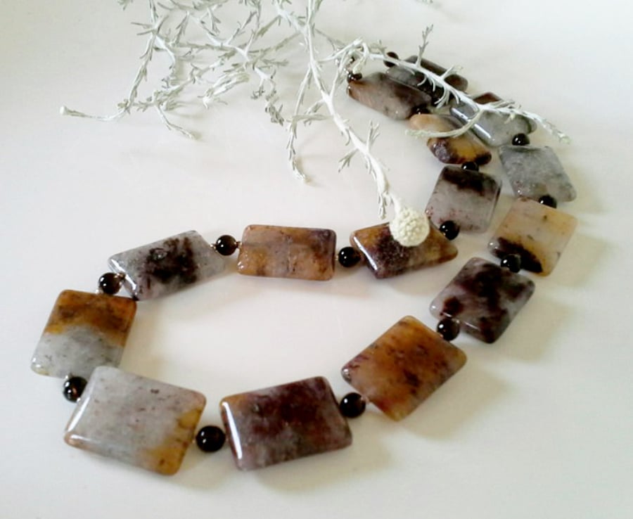 Agate & Smokey Quartz Sterling Silver Necklace