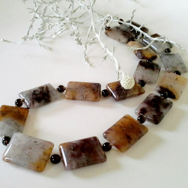 Agate & Smokey Quartz Sterling Silver Necklace