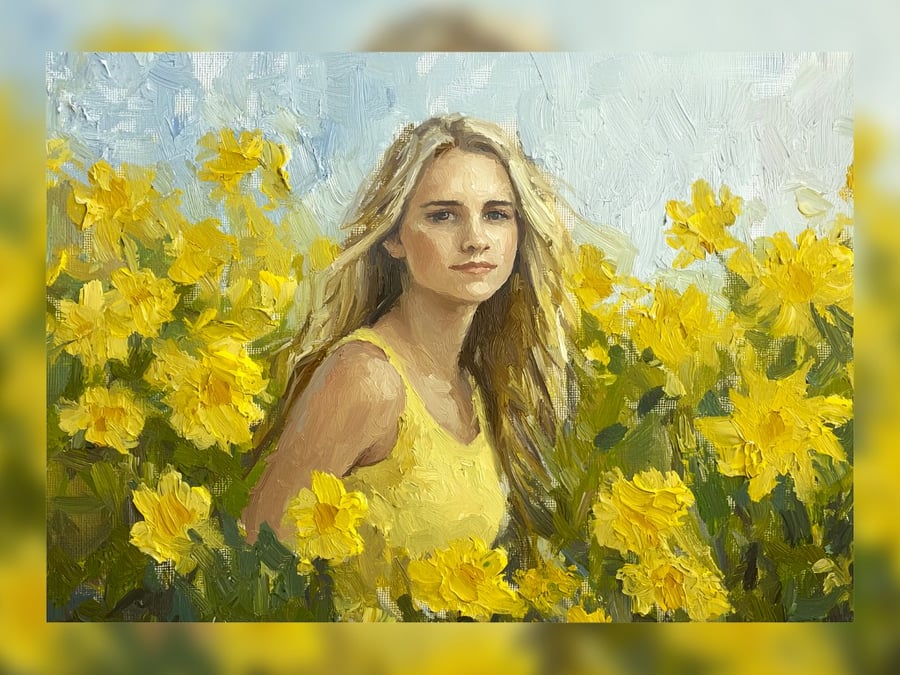 Sunflower Field Portrait, Romantic Oil Painting of a Woman in Blooms 5"x7" 