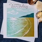 Coastal beach scene art linocut birthday card handprinted