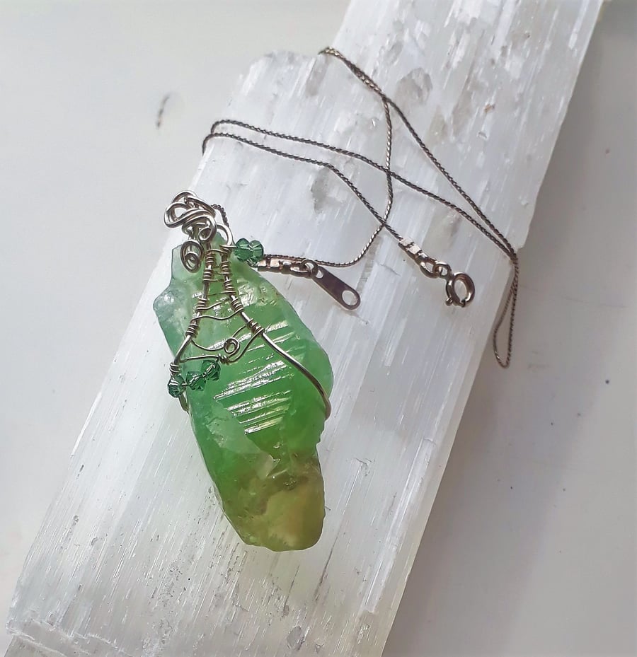 Natural Green Calcite & Swarovski Crystal Wire Wrapped Pendant with Necklace