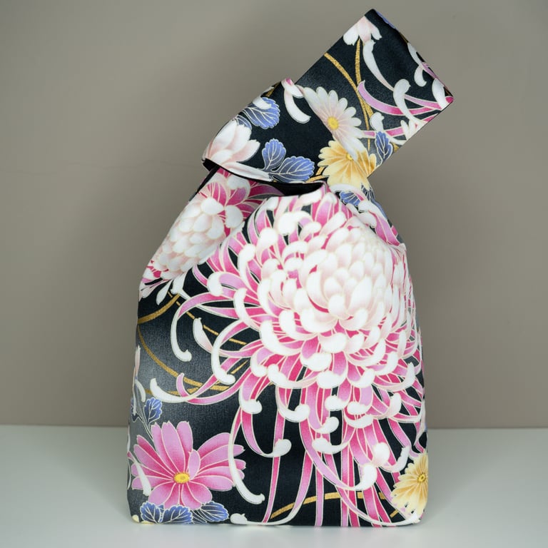 Japanese Knot Bag Reversible Black Satin Bag Pink Chrysanthemum Pattern