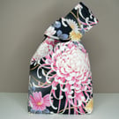 Japanese Knot Bag Reversible Black Satin Bag Pink Chrysanthemum Pattern