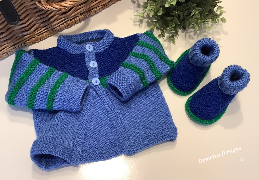 Baby Boy's Cardigan-Jacket & Matching Booties Set Size 0-6 months