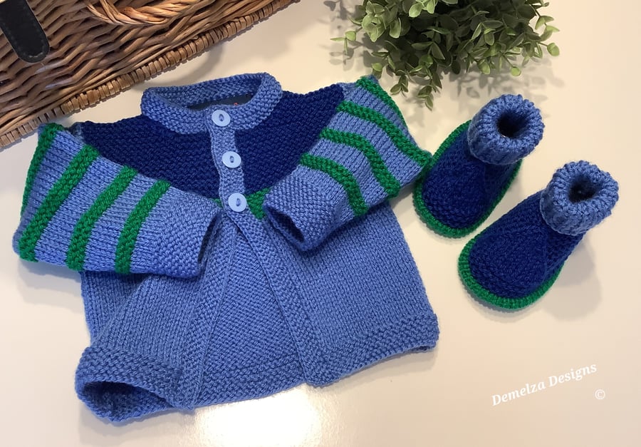 Designer Baby Boy's Cardigan-Jacket & Matching Booties Set Size 0-6 months