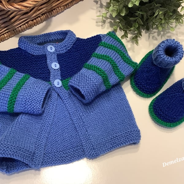 Baby Boy's Cardigan-Jacket & Matching Booties Set Size 0-6 months