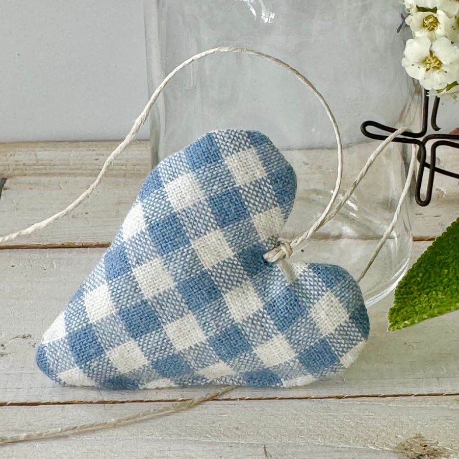 MINI HEART DECORATION - pale blue gingham checks, with lavender