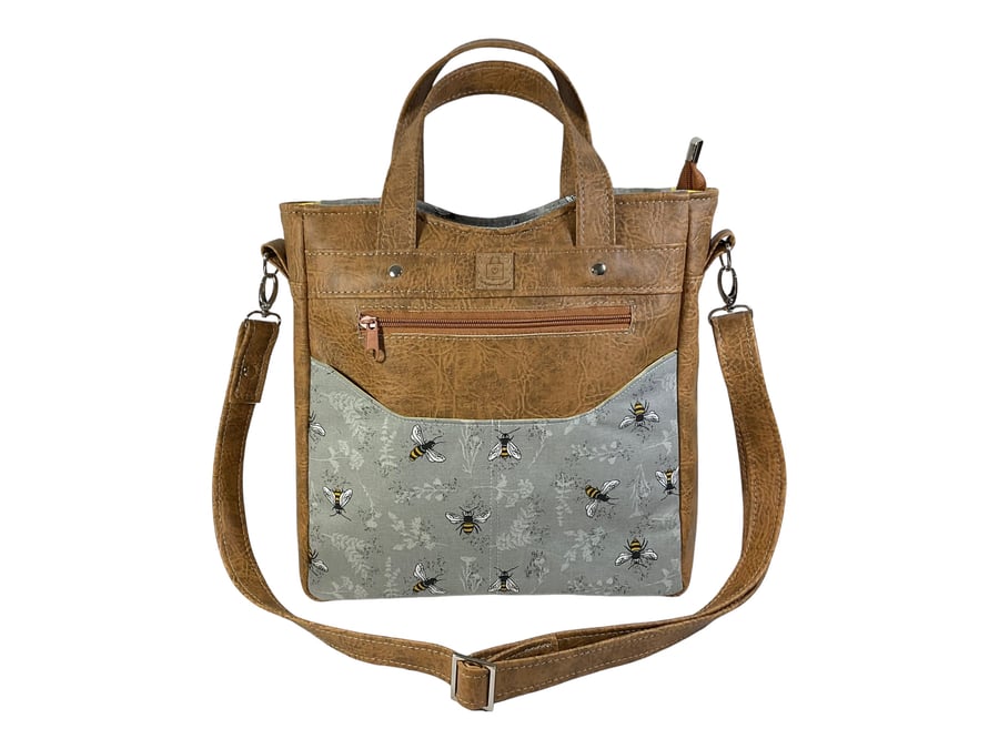 Handbag in faux leather and bee print, vegan ladies gift, handles and crossbody 