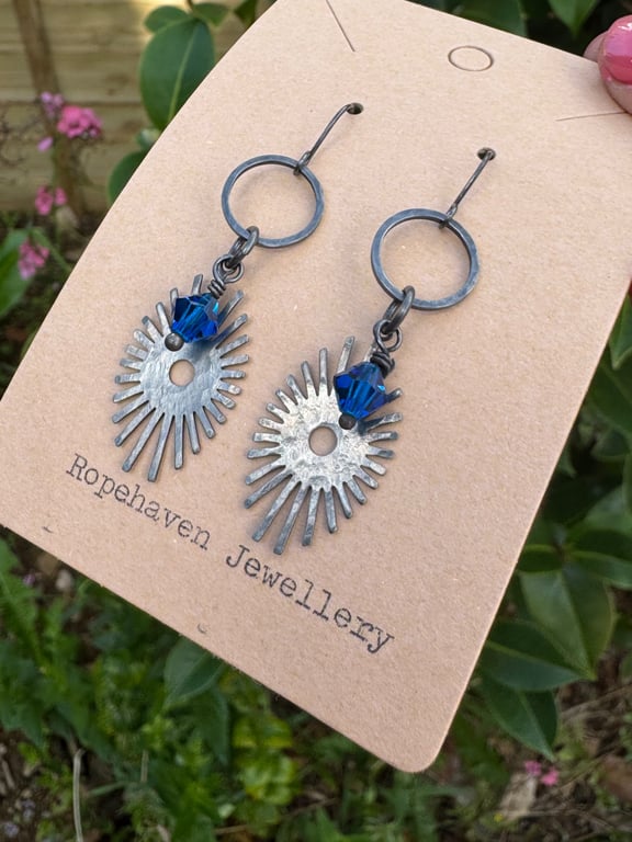 Vintage Art Deco Style Earrings with Cobalt Blue Crystals Handmade in Cornwall