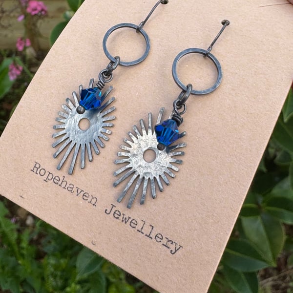 Vintage Art Deco Style Earrings with Cobalt Blue Crystals Handmade in Cornwall