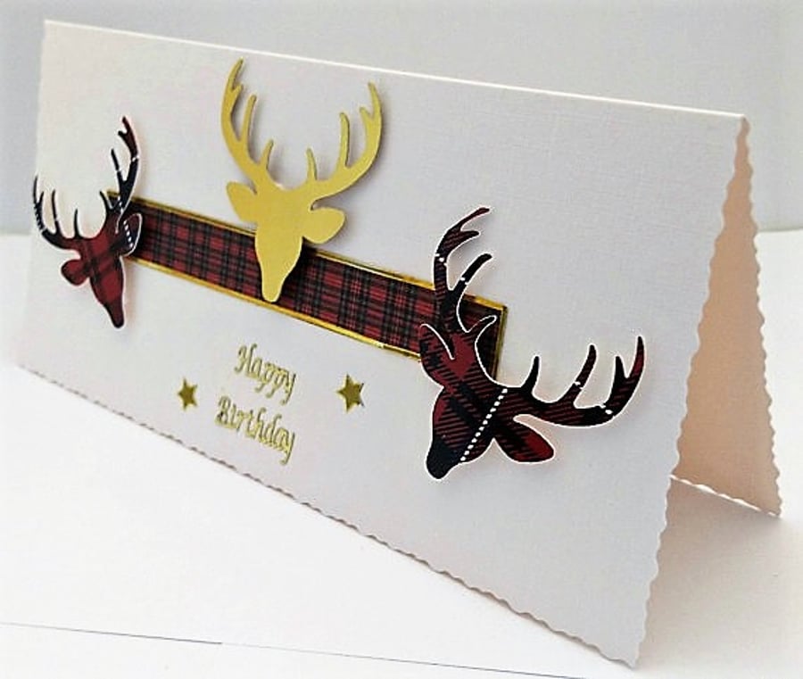 Scottish Tartan Stag Happy Birthday Handmade Greeting Card FREE P&P to UK