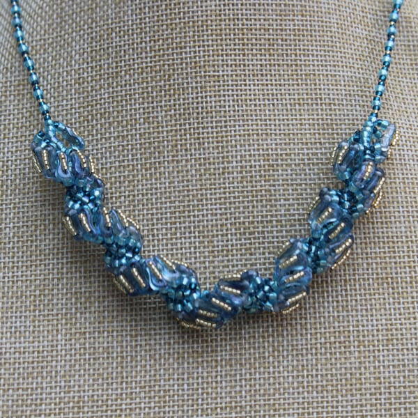 Blue silver and Gold seed beaded spiral 18" necklace