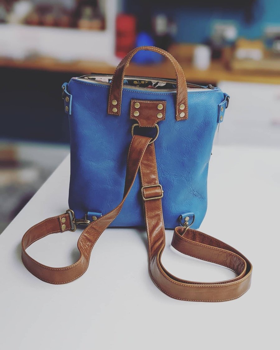 Multifunctional backpack, leather backpack, leather rucksack, blue leather, blue