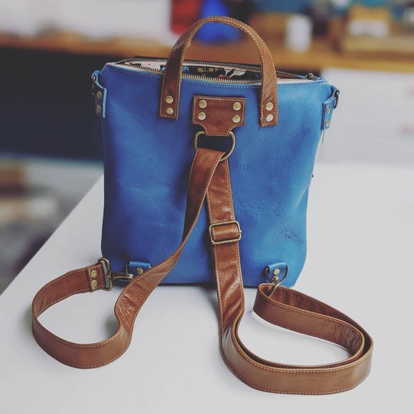 Multifunctional backpack, leather backpack, leather rucksack, blue leather, blue