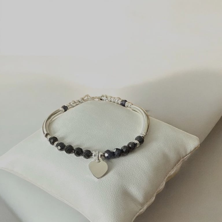 Dark Blue Sapphire Bracelet with Sterling Silver Heart Charm 