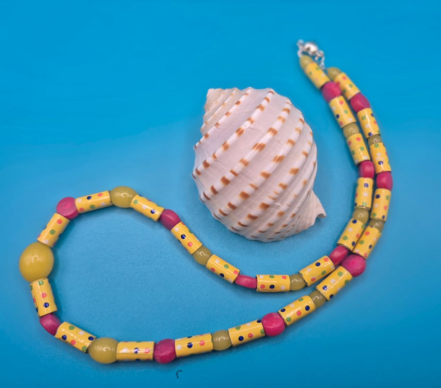 Necklace made with dotted Yellow and pink recycled paper