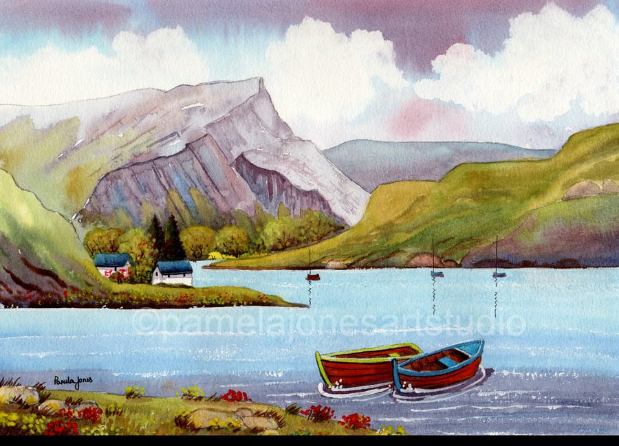 Tal Y Llyn Lake, Snowdonia, North Wales, Watercolour Print in 14 x 11 Mount