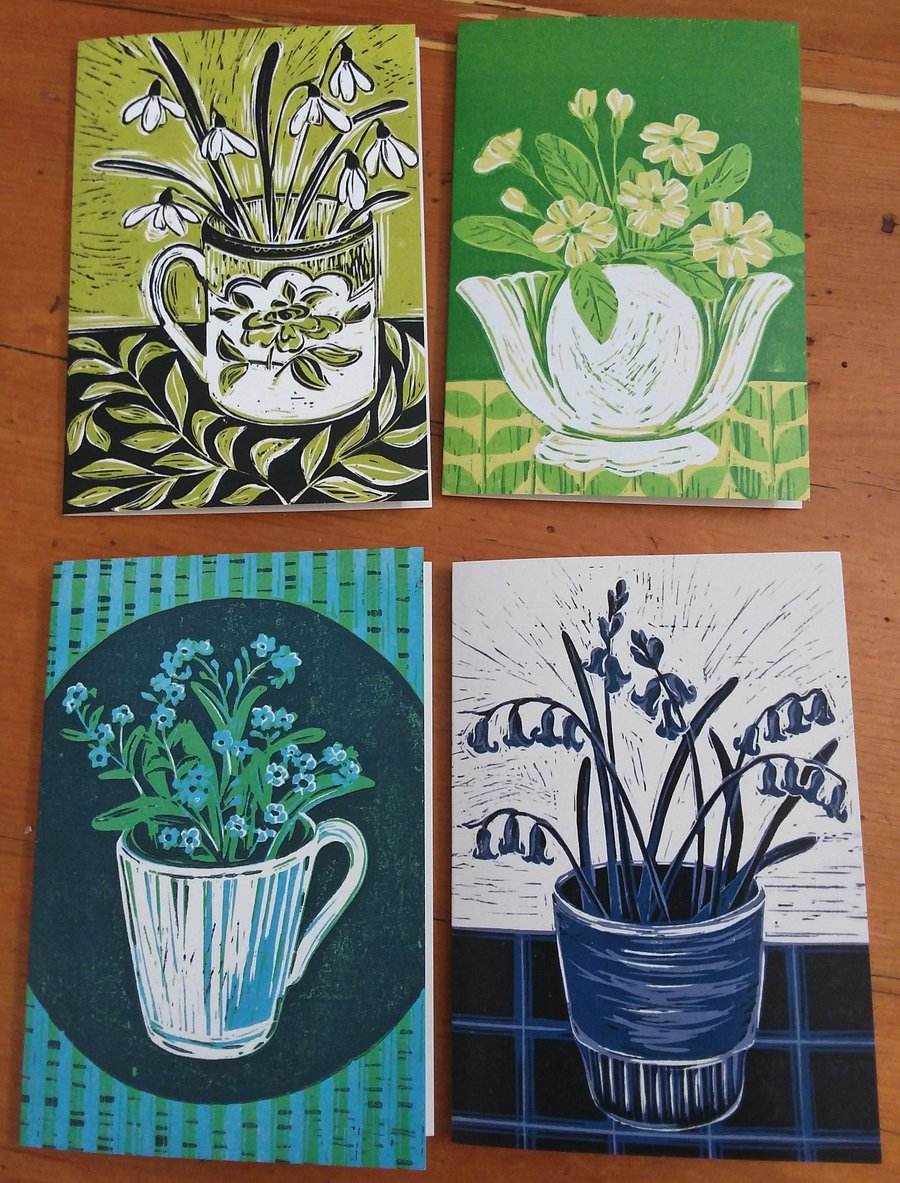 Four artist cards - snowdrop, primrose, forget-me-not, bluebell